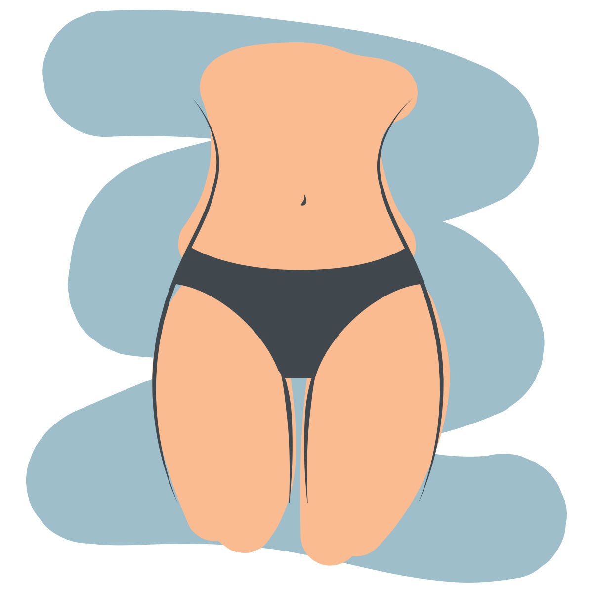 Torso and thighs kneeling wearing black bikini briefs against a muted blue abstract background