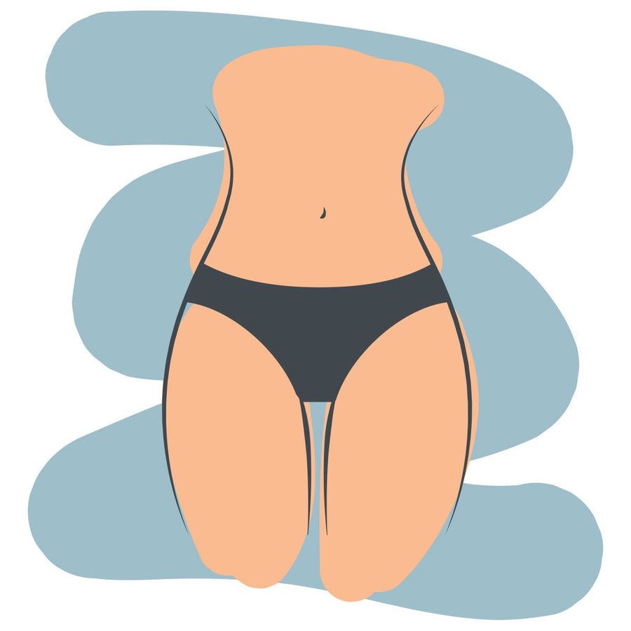 Torso and thighs kneeling wearing black bikini briefs against a muted blue abstract background