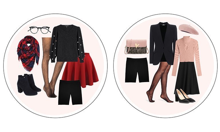 Two circular outfit collages showing chafewear styling with tights, skirts, boots, and accessories on a pale pink background