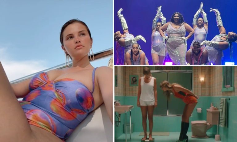 Collage: woman in colorful swimsuit on a boat; plus-size performers in sparkly stage outfits; two women in a retro bathroom