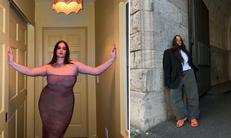 Two models: left in a sheer dress in a hallway; right in a black blazer, olive pants and orange sneakers by a stone wall