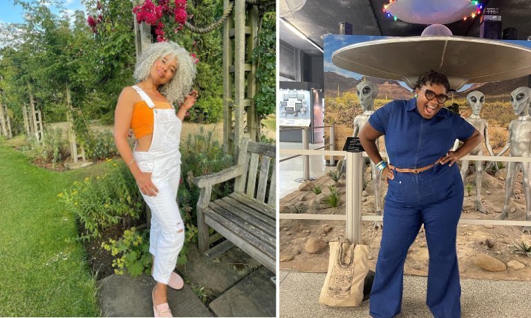Two Black creators posing side by side, left wearing white overalls and an orange tank in a garden, right wearing a navy jumpsuit laughing at a UFO exhibit