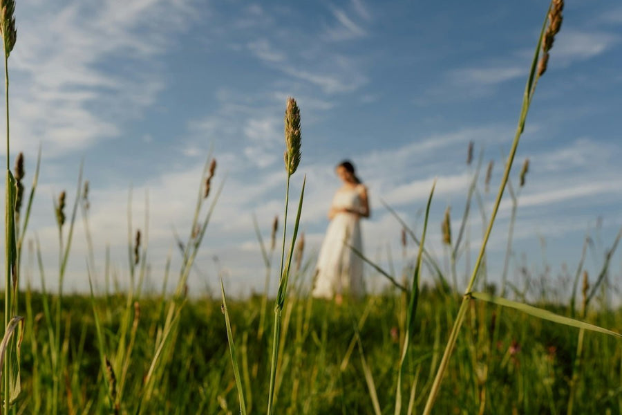 Woman standing in a white sundress in a sunlit grassy field with tall grasses in sharp focus in the foreground