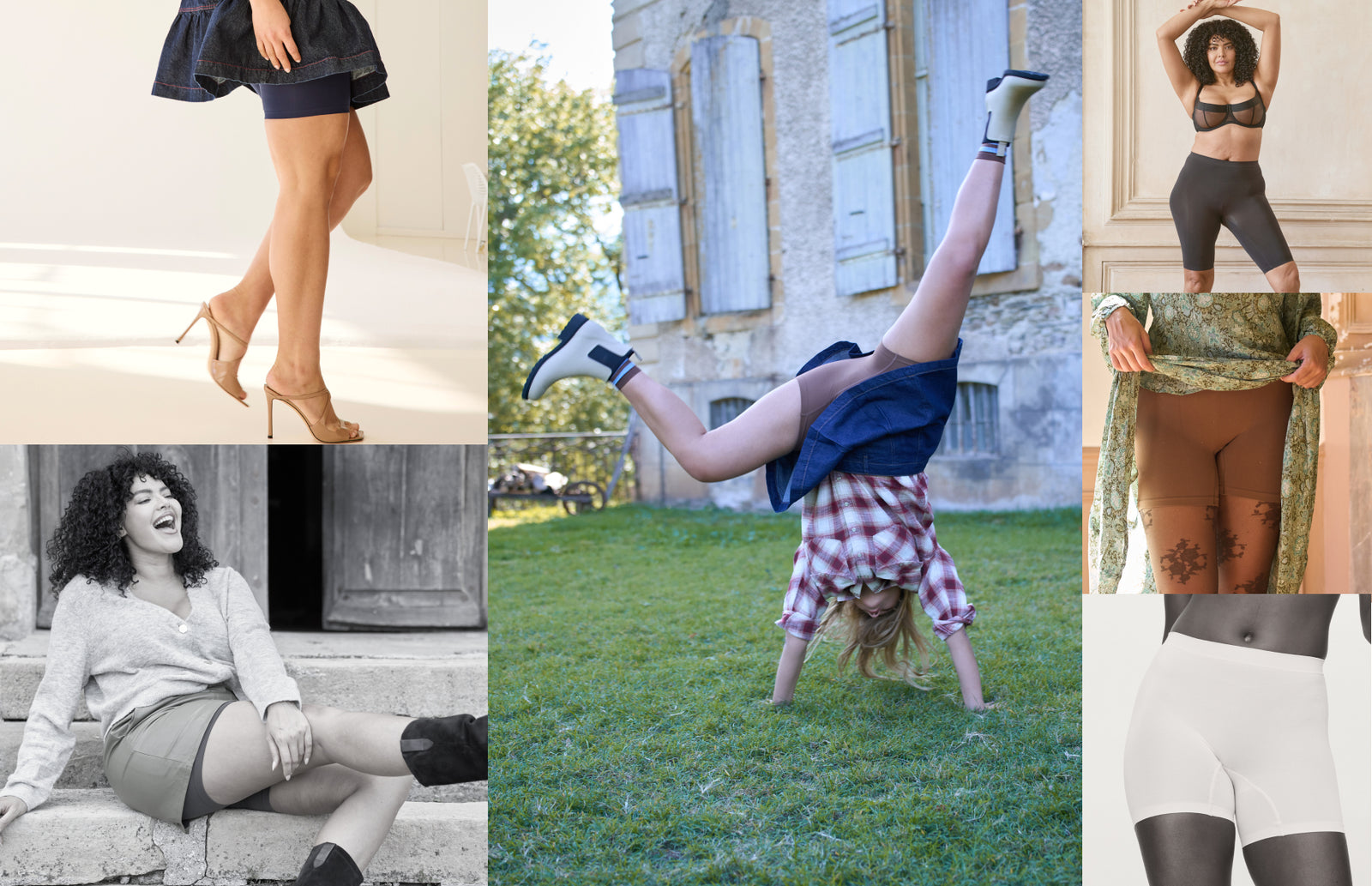 Women wearing Thigh Society underwear shorts in lifestyle shots: walking, sitting, cartwheeling, product close-ups