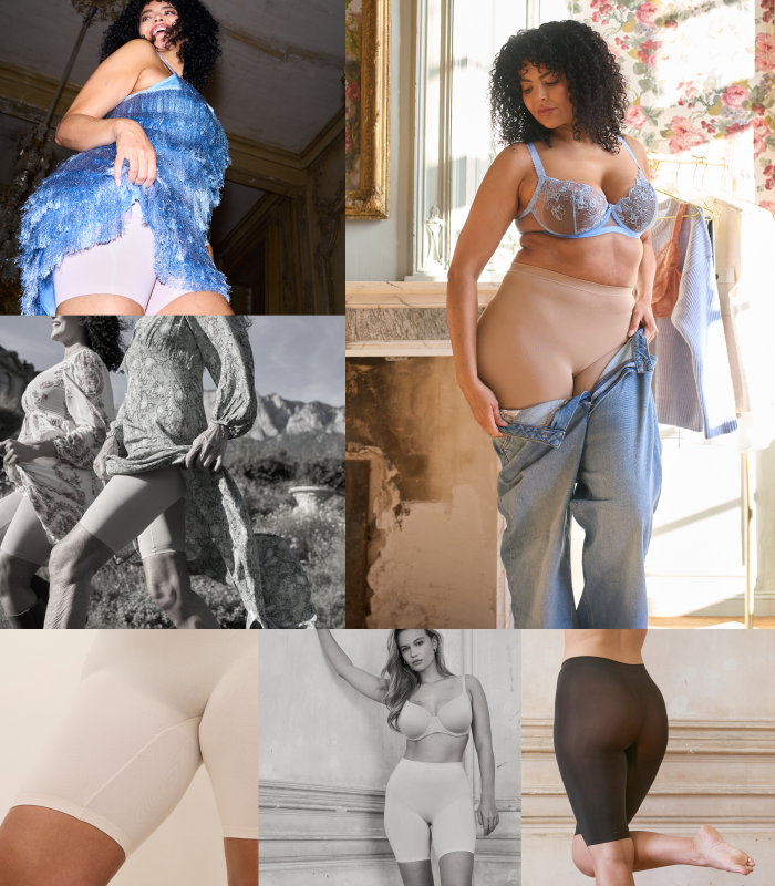 Models wearing beige and black chafe-free underwear shorts showing mid-thigh coverage and stay-put fit in lifestyle poses