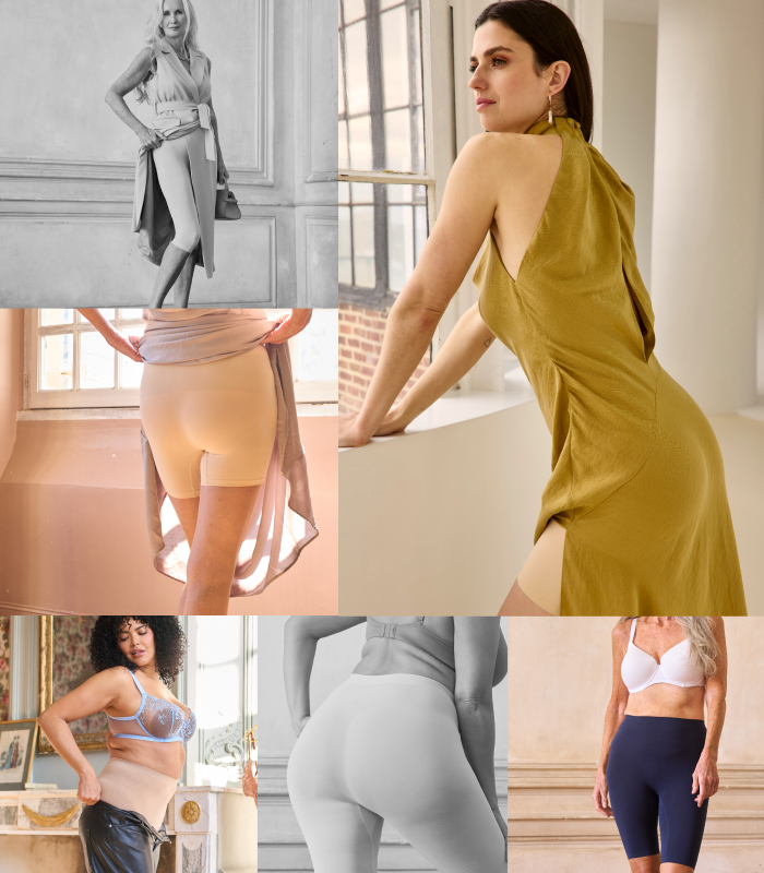 Models wearing Thigh Society seamless underwear shorts in nude and navy showing smooth, no-show fit on different body types