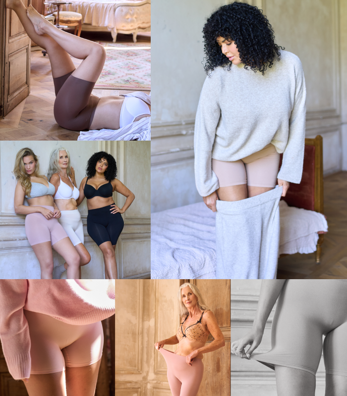 Women modeling mobileSoft shorts in nude, black, and brown, showing mid-thigh fit on diverse body types indoors