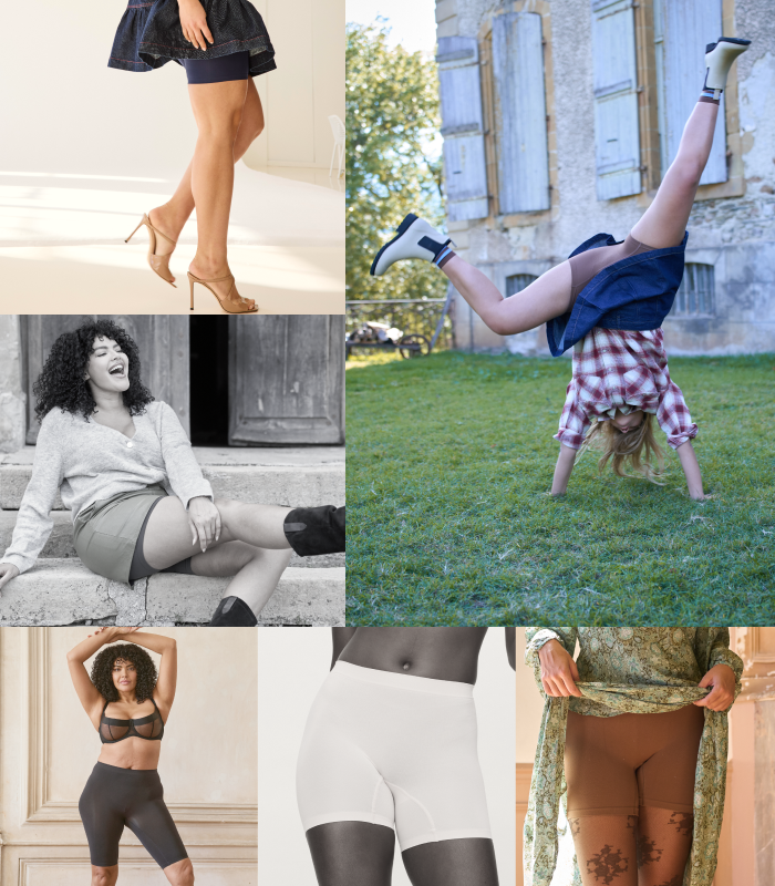Collage of models in Thigh Society shorts: cartwheeling outdoors, sitting and laughing, and standing in heels