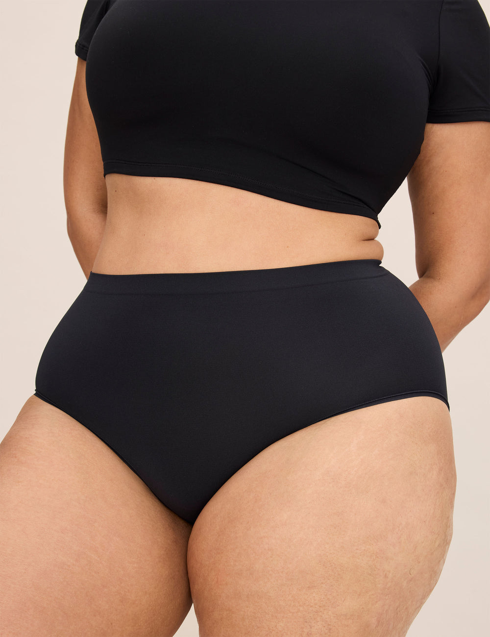 Front view of the black WhispAir Cooling Brief showcasing its full-coverage fit on a model against a neutral background